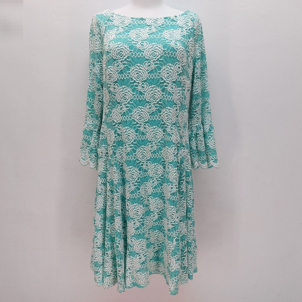 Rabbit Rabbit Designs Lace Shift Dress Women's 18 Teal White Floral Bell Sleeve